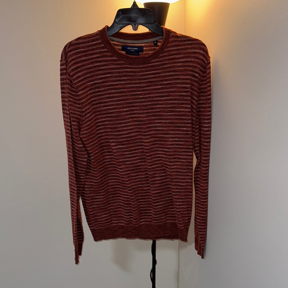 Jack and Jones Men's Striped Crewneck Sweater - Red and Black